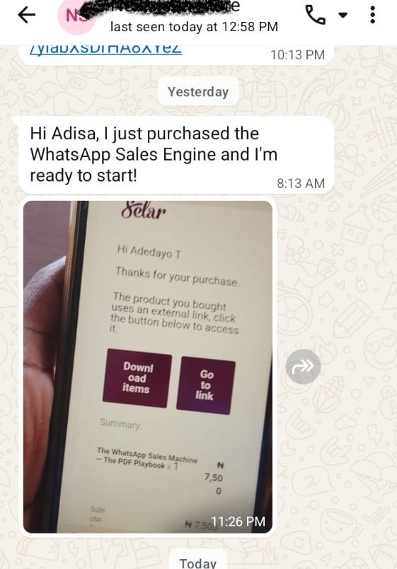 Unedited WhatsApp conversation — buyer Adedayo confirming payment for the WSE Playbook