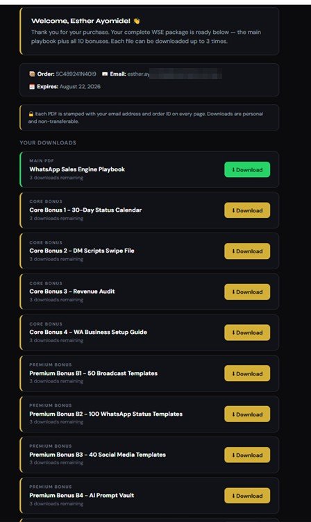 A real buyer's NexaCore WSE delivery portal — main playbook plus all 10 bonus files, each downloadable 3 times