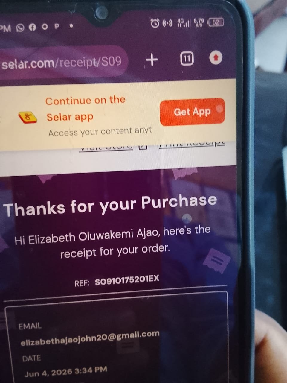 Selar payment receipt for the WhatsApp Sales Engine — buyer Elizabeth Idris — shown on a phone