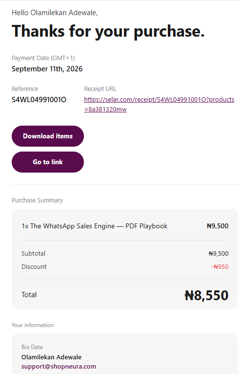 Recent Selar purchase receipt showing WSE Playbook discounted to ₦8,550 using code WSE10